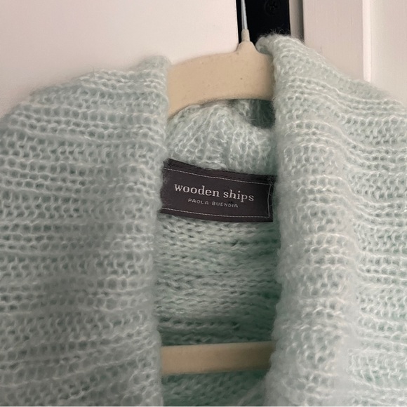 Wooden Ships Teal Green Poncho Sweater Turtleneck Open Knit Wool - Picture 2 of 4